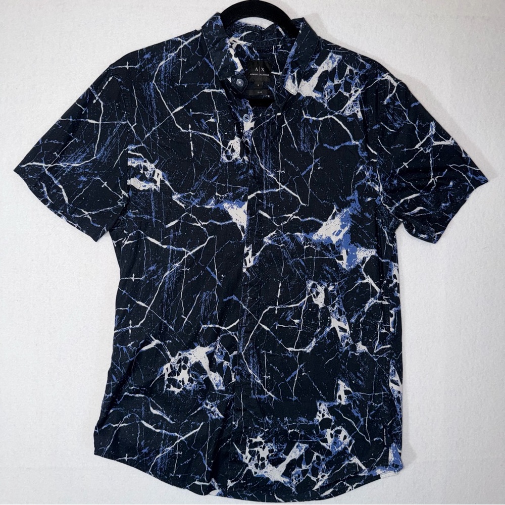 Armani Exchange Slim Fit Blue and White Marble Print Shirt
